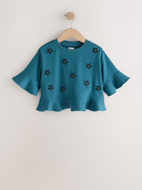Teal Blue Star Beaded Peplum T-Shirt (3-16yrs)