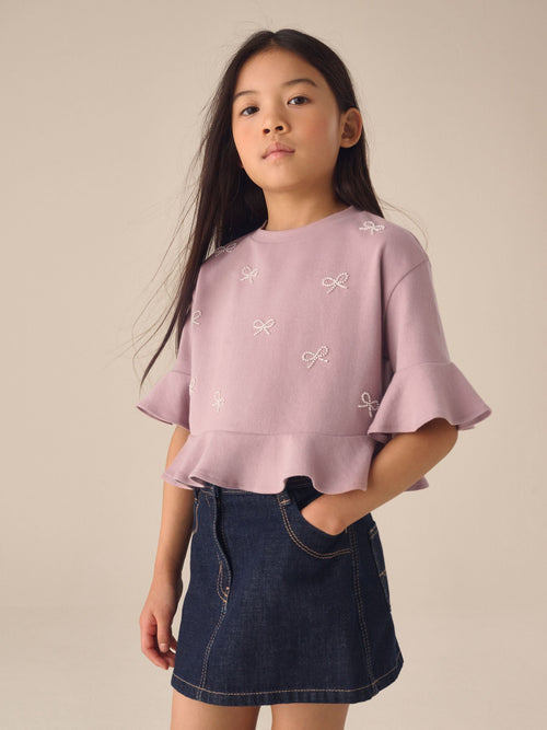 Pink Bow Beaded Peplum T-Shirt (3-16yrs)