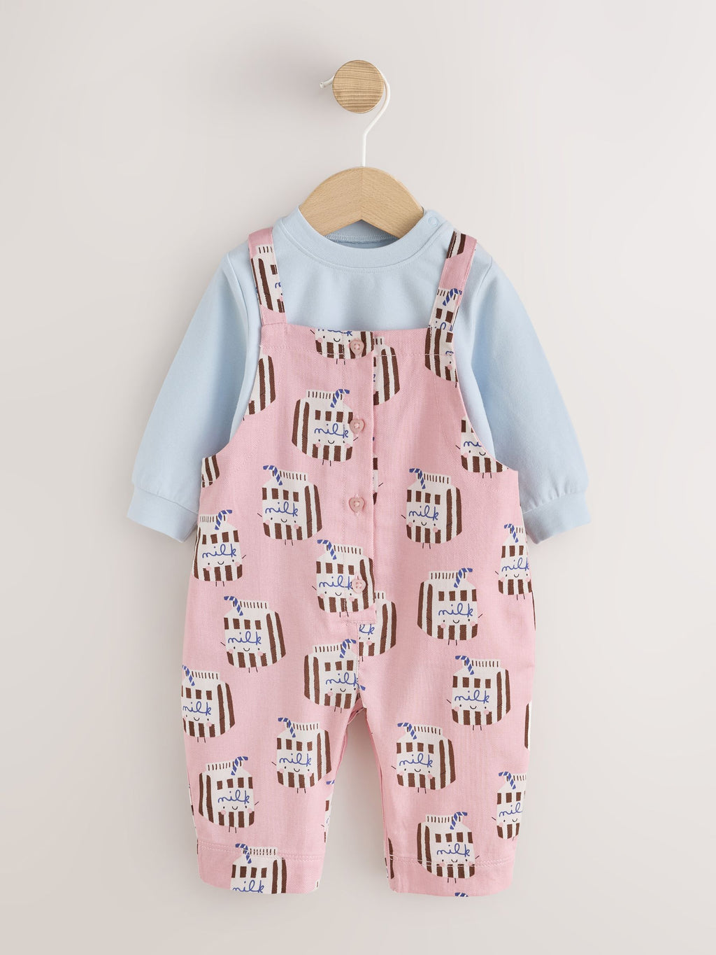 Pink Milk Club Long Sleeve Bodysuit And Woven Dungarees Set 2 Piece (0mths-2yrs)