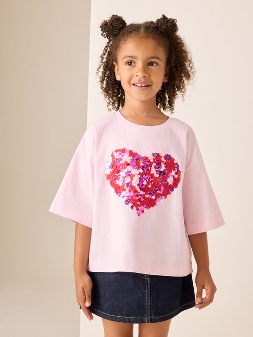 Pink Animal Boxy Sequin Heart T-Shirt (3-16yrs)