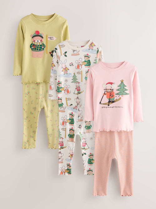 Pink/Green Snuggle Pyjamas 3 Pack (9mths-12yrs)