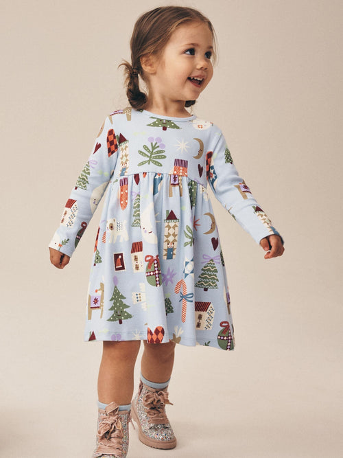 Blue Long Sleeve Christmas Ribbed Dress (3mths-7yrs)