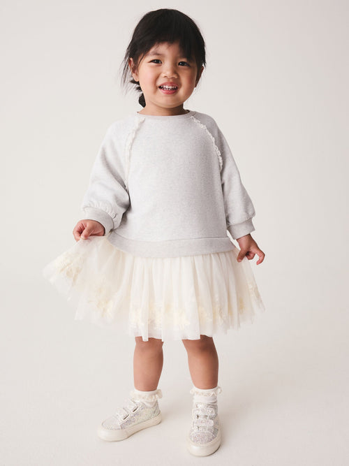 Grey/White Long Sleeve Sweat Mesh Dress (3mths-7yrs)