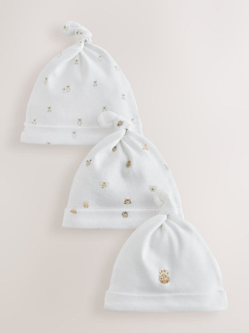 White Mini Safari Animals Tie Top Baby Hats 3 Pack (0-12mths)