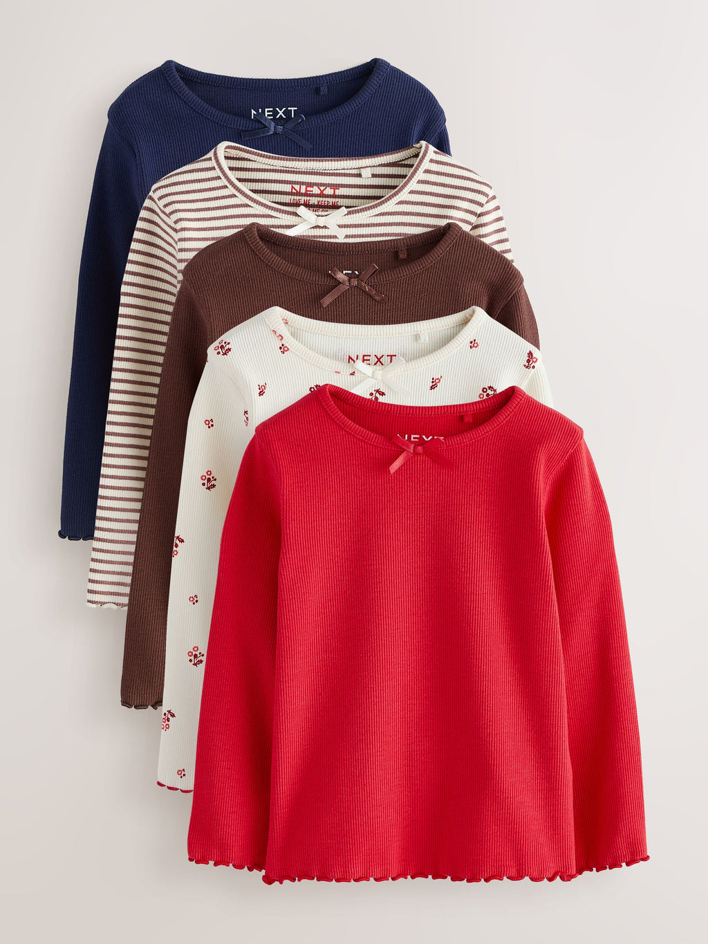 Red/Brown/Navy Long Sleeve Ribbed Tops 5 Pack (3mths-7yrs)