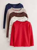 Red/Brown/Navy Long Sleeve Ribbed Tops 5 Pack (3mths-7yrs)