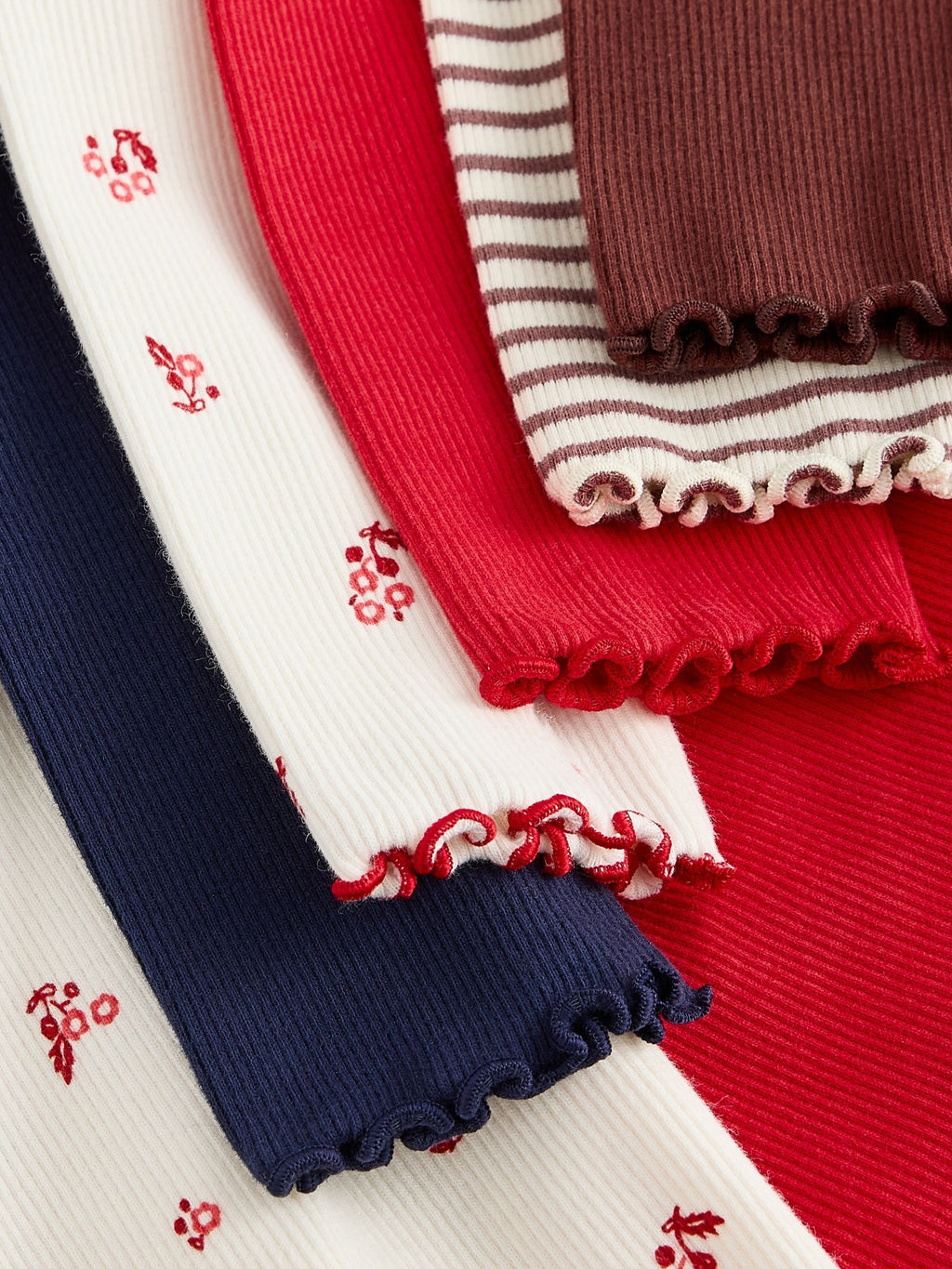 Red/Brown/Navy Long Sleeve Ribbed Tops 5 Pack (3mths-7yrs)