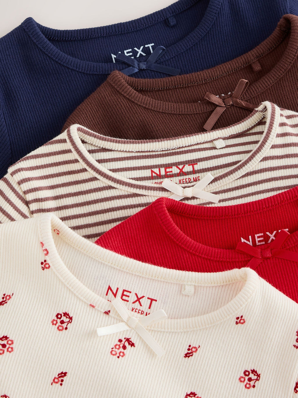 Red/Brown/Navy Long Sleeve Ribbed Tops 5 Pack (3mths-7yrs)