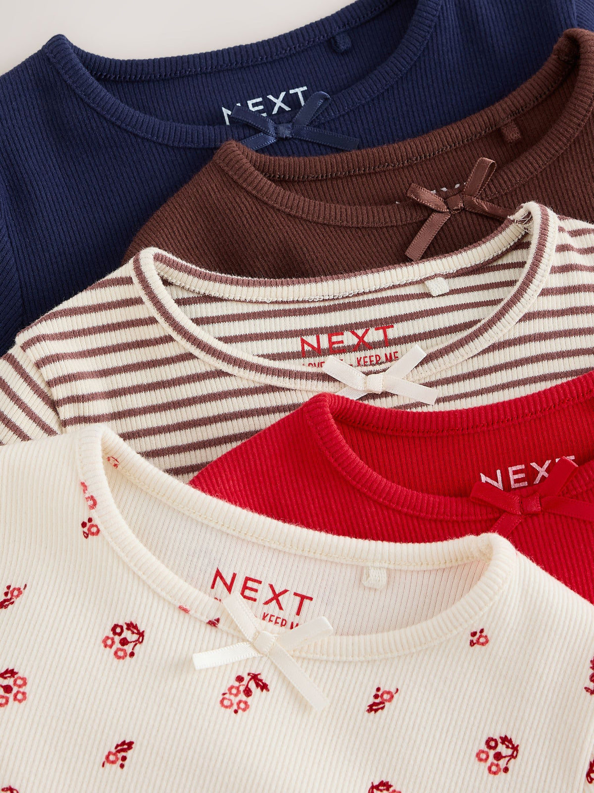 Red/Brown/Navy Long Sleeve Ribbed Tops 5 Pack (3mths-7yrs)