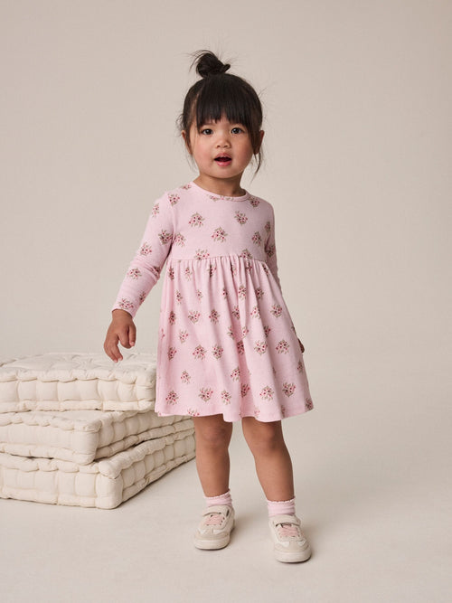 Pink Floral Long Sleeve Ribbed Dress (3mths-7yrs)
