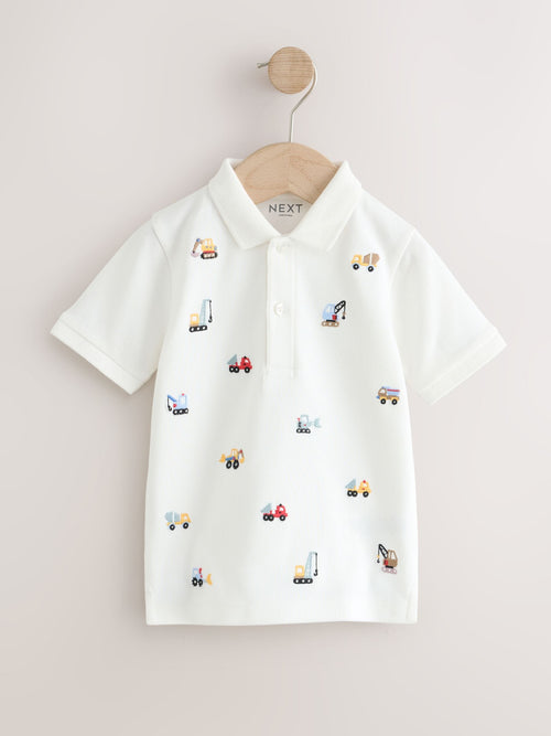 White Multicolour Digger Short Sleeve Embroidered Polo Shirt (6mths-7yrs)