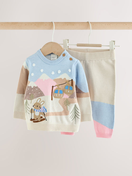 Ecru Bunny Character Knitted Scene Jumper and Leggings Baby Set (0mths-2yrs)