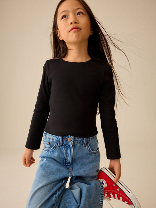 Black Fitted Long Sleeve Rib Top (3-16yrs)