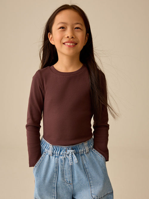 Chocolate Brown Fitted Long Sleeve Rib Top (3-16yrs)