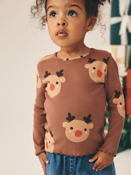 Brown Reindeer Long Sleeve Ribbed Top (3mths-7yrs)