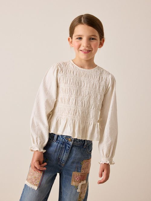 White Long Sleeve Shirred Blouse (3-16yrs)