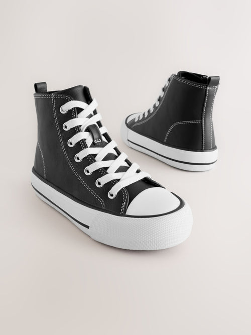 Black Faux Leather Standard Fit (F) Lace Up High Top Trainers