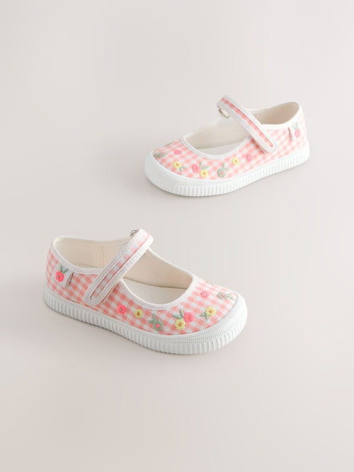 Pink Gingham Touch Fastening Mary Janes Shoes
