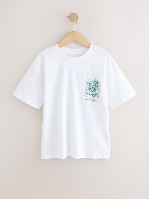 White Dragon Back Print Relaxed Fit Short Sleeve Graphic T-Shirt (3-16yrs)