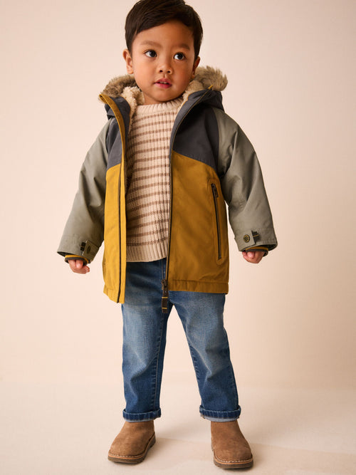 Ochre and Khaki Colour Block Fur Hood Waterproof Coat (3mths-7yrs)