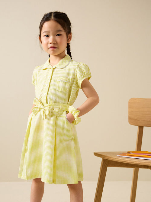 Yellow Cotton Rich Belted School Dress with Scrunchie (3-14yrs)