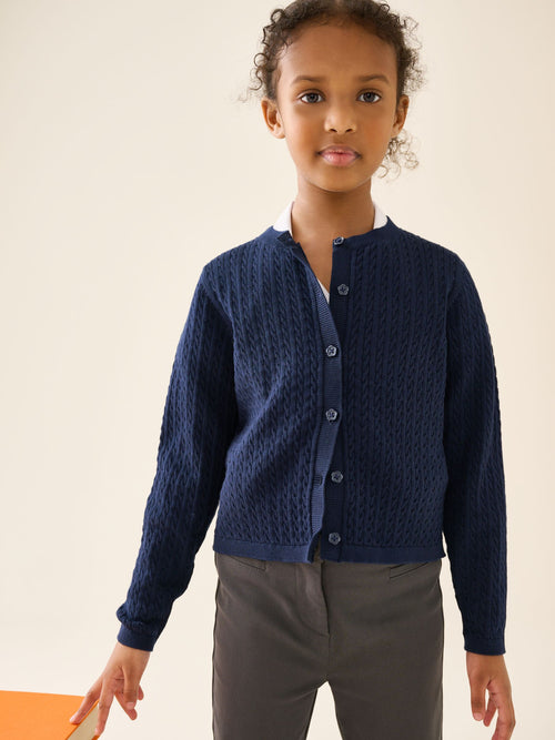 Navy Blue Cotton Rich Cable Knit School Cardigan (3-16yrs)