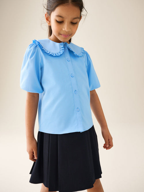 Blue Girls Premium Cotton Rich Frill Collar School Blouse (3-14yrs)