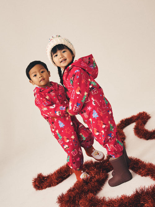 Red Christmas Waterproof Fleece Lined Puddlesuit (3mths-7yrs)