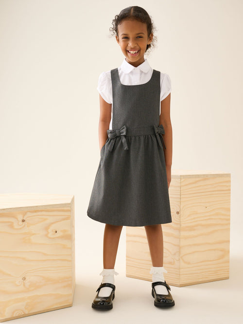 Grey Bow Waist School Pinafore Dress (3-14yrs)