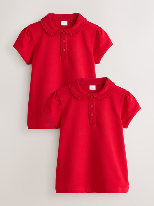 Red Girls Cotton Stretch Frill Collar School Polo Tops 2 Pack (3-16yrs)