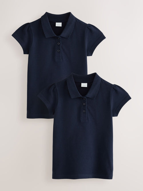 Navy Blue Regular Fit Girls 2 Pack Cotton Short Sleeve Polo Shirts (3-16yrs)