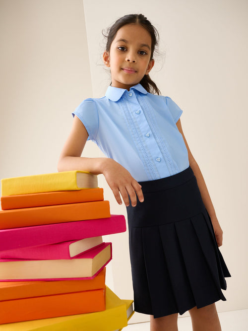 Light Blue Regular Fit Girls Puff Sleeve Lace Trim School Blouse (3-14yrs)