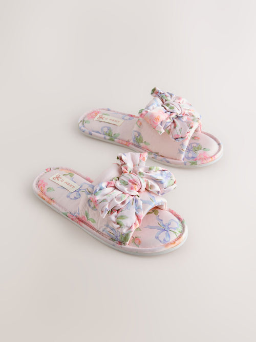 Pink Floral Satin Slider Slippers