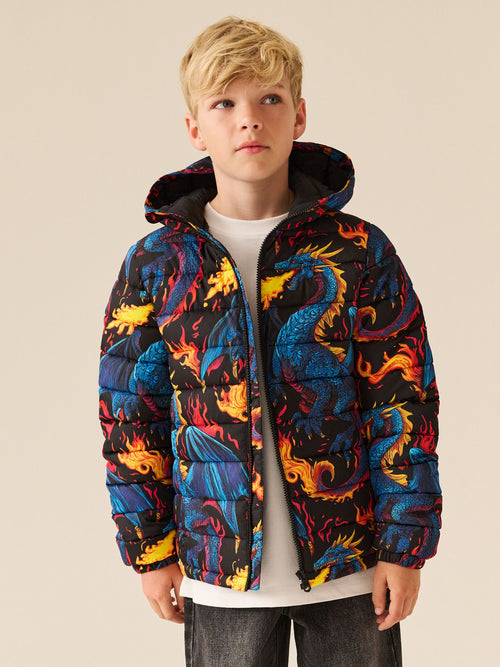 Dragon Print Quilted Midweight Hooded Jacket (3-17yrs)