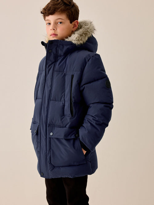 Navy Heavyweight Shower Resistant Faux Fur Trim Parka Coat (3-16yrs)
