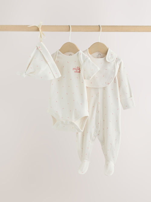 Cream Milk Club Baby Sleepsuit, Bodysuit, Bib and Hat Set 4 Piece (0-9mths)