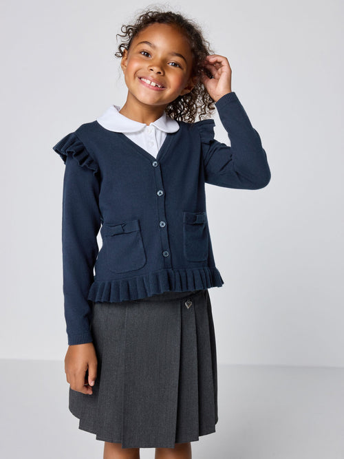 Navy Clarks Frill Knitted School Cardigan