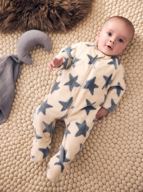 Neutral/Blue Star Micro Fleece Two Way Zip Baby Sleepsuit