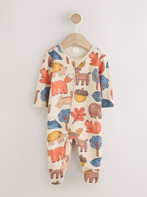 Multi Woodland Animal Fleece Lined Two Way Zip Baby Sleepsuit