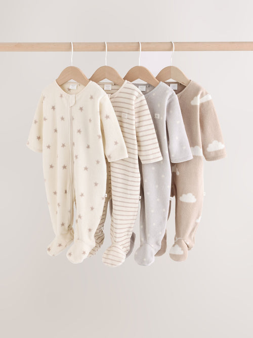 Neutral Micro Fleece Two Way Zip Baby Sleepsuits 4 Pack