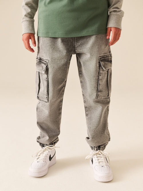 Grey Loose Fit Elasticated Waist Denim Cargos Jeans (3-16yrs)