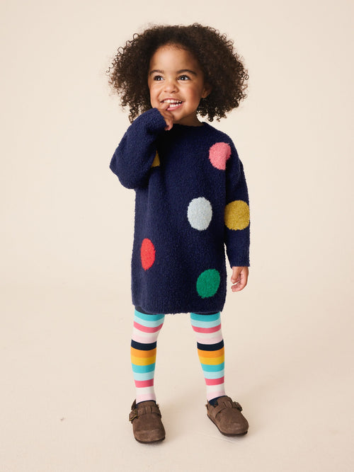 Navy Rainbow Spot Knitted Jumper Dress And Tights Set (3mths-7yrs)