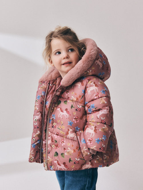 Pink Unicorn Shower Resistant Faux Fur Trim Padded Coat (6mths-7yrs)