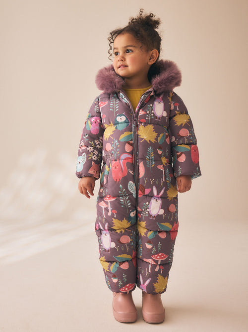Purple Woodland Animal Print Shower Resistant Snowsuit (3mths-7yrs)