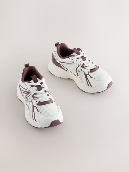 White/Chocolate Brown Elastic Lace Mesh Trainers