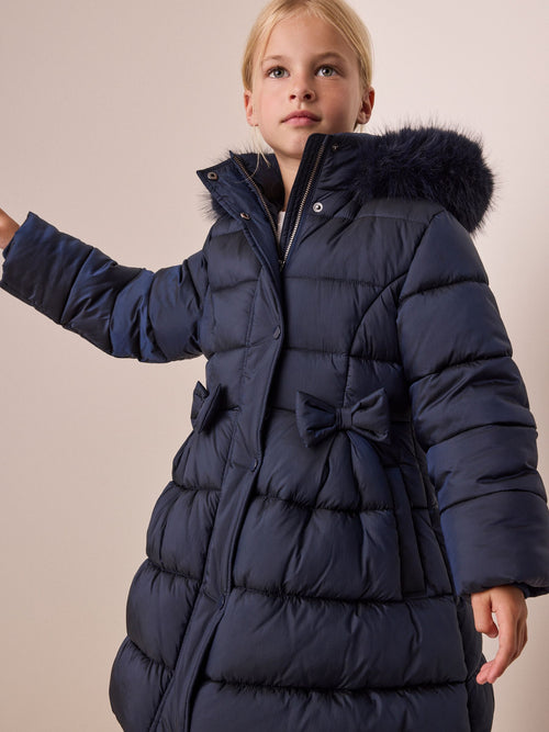 Navy Blue Bow Detail Shower Resistant Padded Coat (3-16yrs)