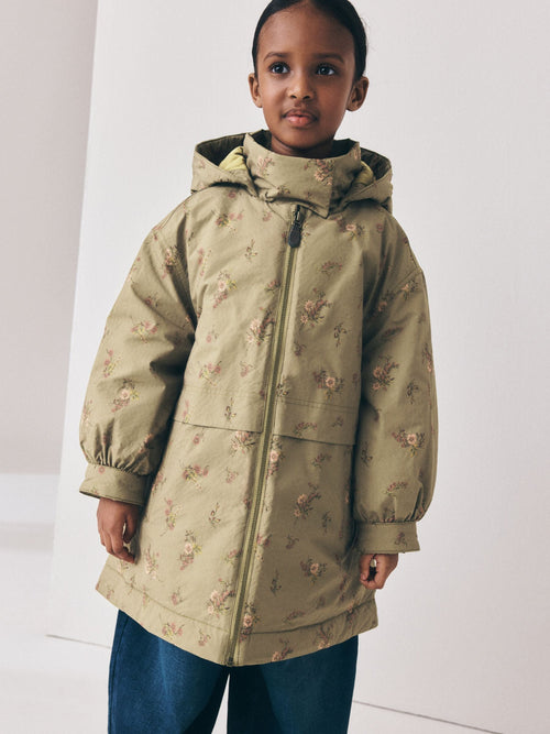 Khaki Green Floral Print Shower Resistant Parka Coat (5-14yrs)