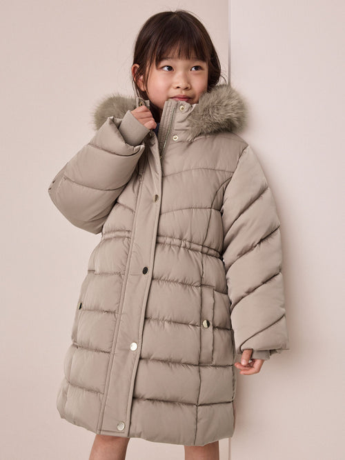 Taupe Shower Resistant Faux Fur Trim Padded Coat (3-16yrs)