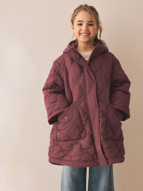 Burgundy Red Butterfly Quilted Shower Resistant Jacket (3-16yrs)