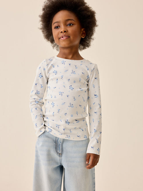 White Ditsy Floral Long Sleeve Ribbed Top (3-16yrs)